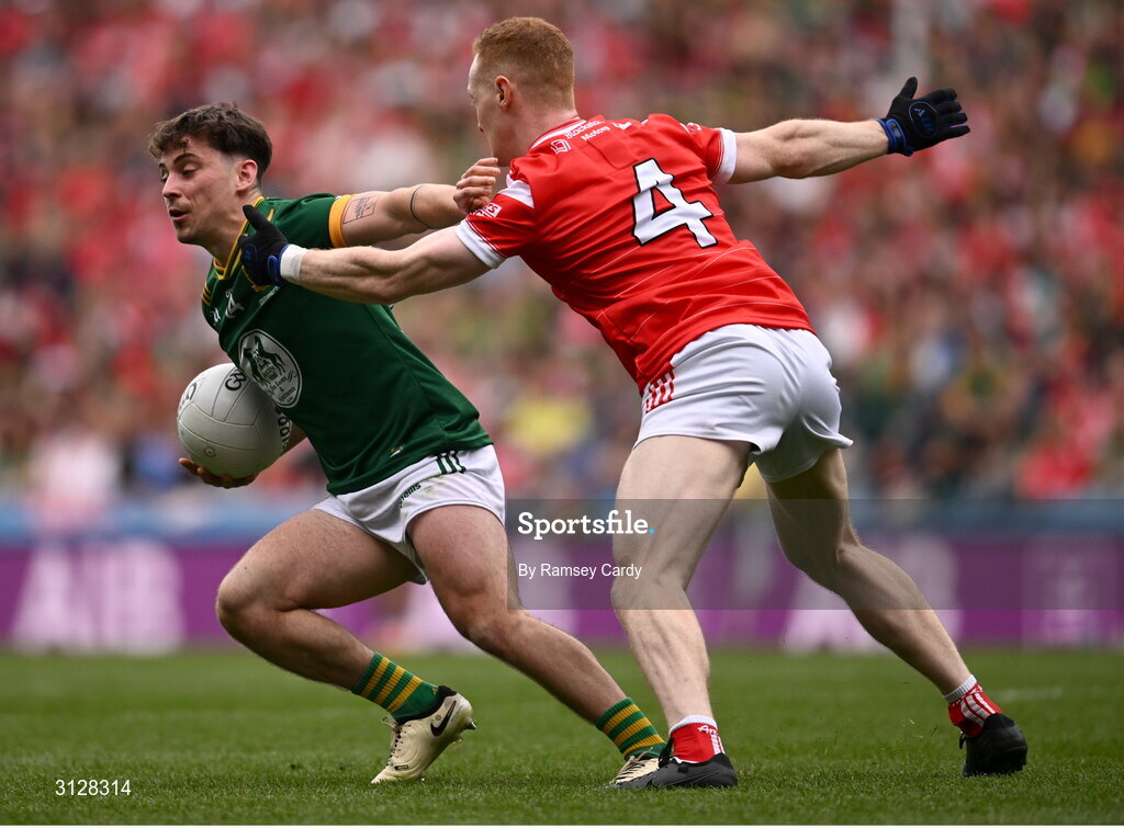 11 May 2025; James Conlon of Meath in action against Donal McKenny of Louth during the Leinster GAA Football Senior Championship final match between Louth and Meath at Croke Park in Dublin. Photo by Ramsey Cardy/Sportsfile
