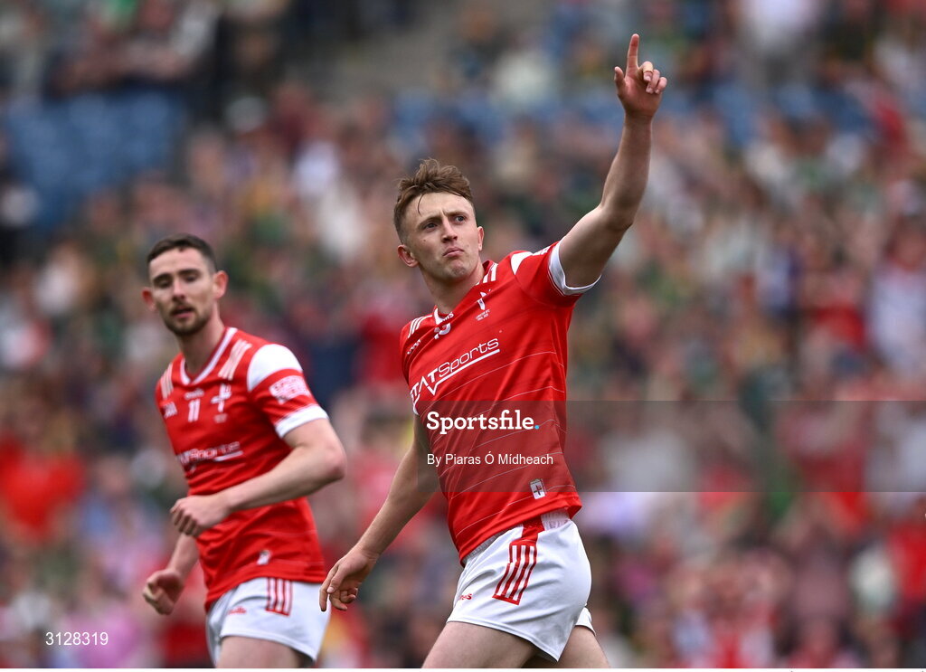 11 May 2025; Ryan Burns of Louth celebrates after scoring his side's second goal during the Leinster GAA Football Senior Championship final match between Louth and Meath at Croke Park in Dublin. Photo by Piaras Ó Mídheach/Sportsfile Photo by Piaras Ó Mídheach/Sportsfile