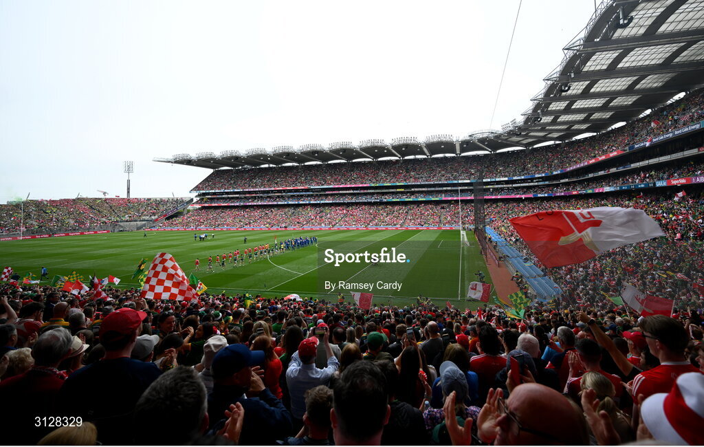 11 May 2025; A general view of the parade before the Leinster GAA Football Senior Championship final match between Louth and Meath at Croke Park in Dublin. Photo by Ramsey Cardy/Sportsfile