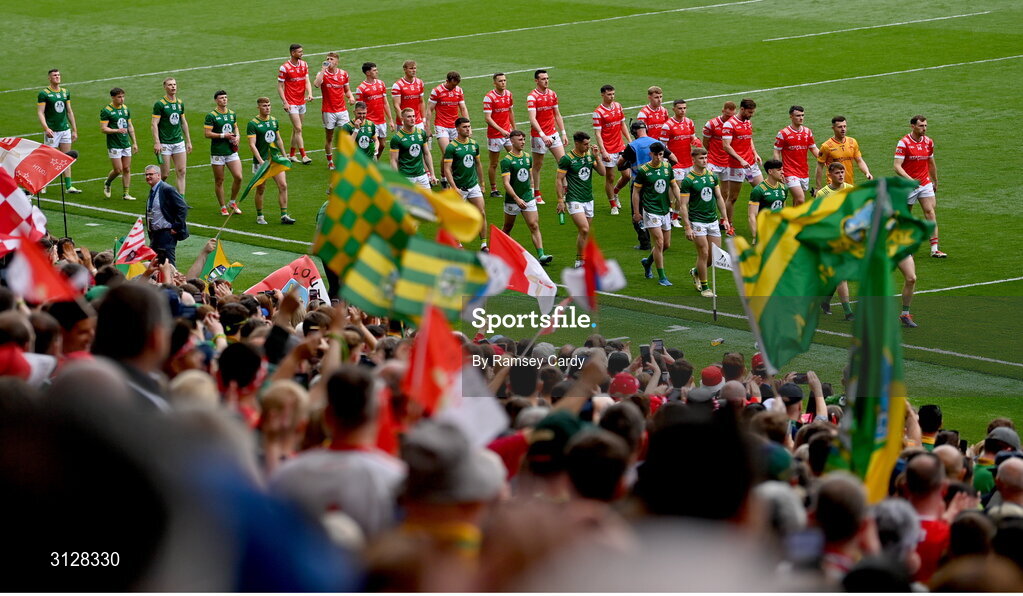 11 May 2025; A general view of the parade before the Leinster GAA Football Senior Championship final match between Louth and Meath at Croke Park in Dublin. Photo by Ramsey Cardy/Sportsfile