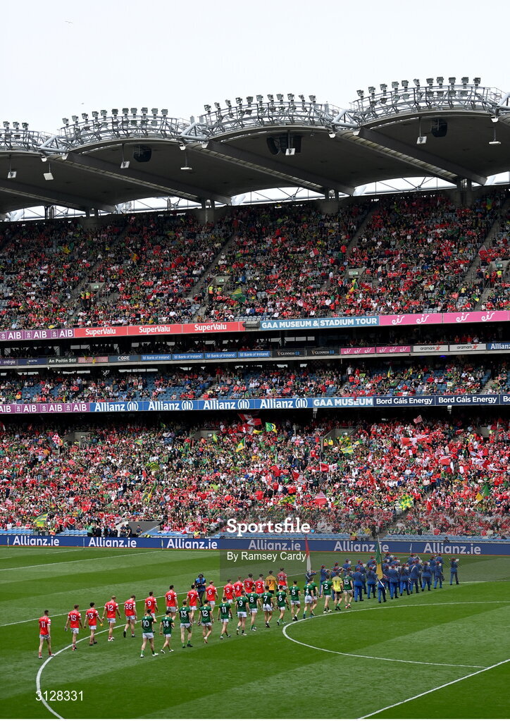 11 May 2025; A general view of the parade before the Leinster GAA Football Senior Championship final match between Louth and Meath at Croke Park in Dublin. Photo by Ramsey Cardy/Sportsfile
