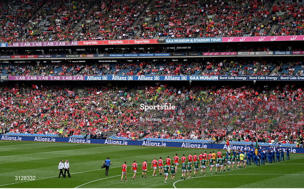 11 May 2025; A general view of the parade before the Leinster GAA Football Senior Championship final match between Louth and Meath at Croke Park in Dublin. Photo by Ramsey Cardy/Sportsfile