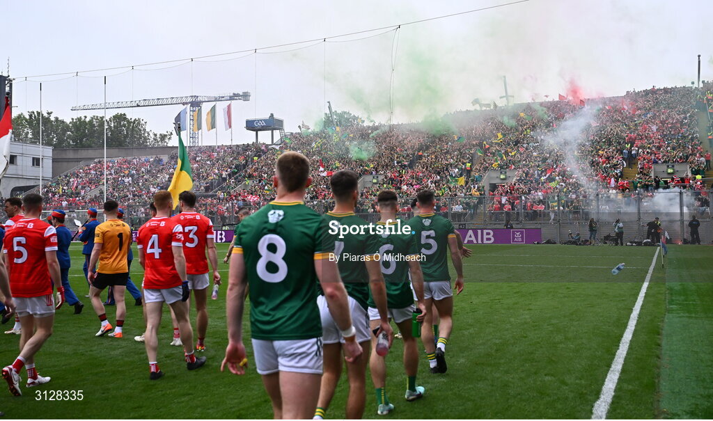 11 May 2025; Supporters on Hill 16 as the players march in the parade before the Leinster GAA Football Senior Championship final match between Louth and Meath at Croke Park in Dublin. Photo by Piaras Ó Mídheach/Sportsfile