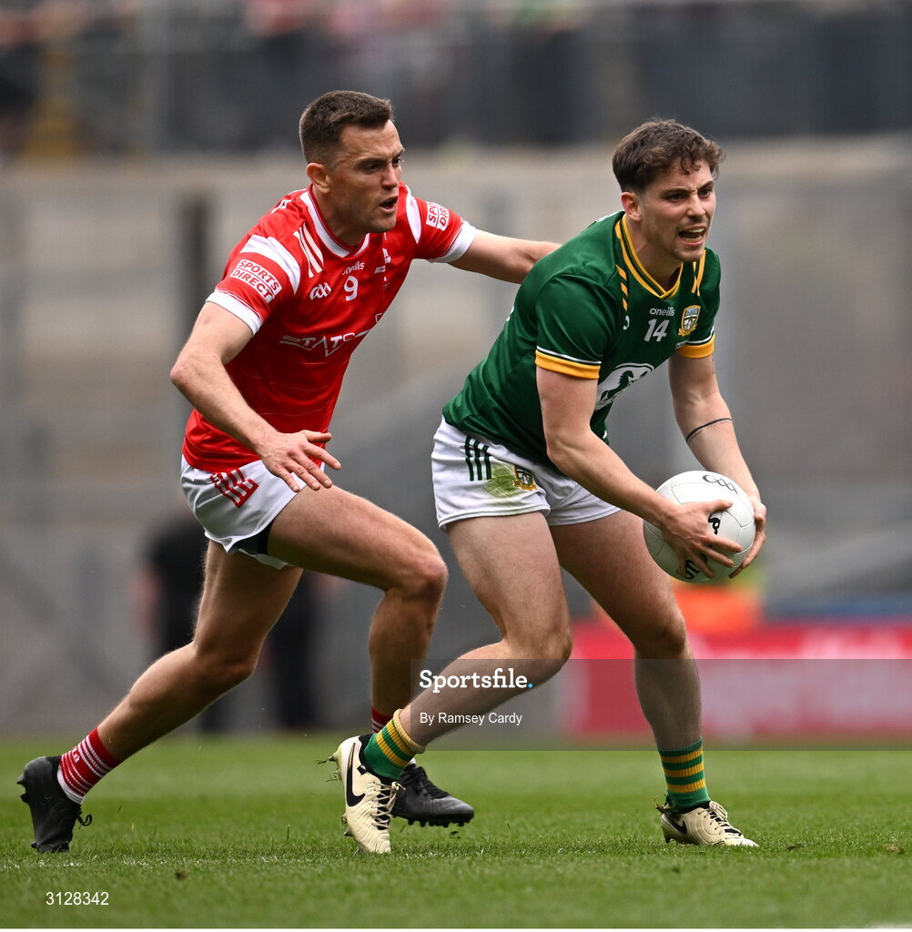 11 May 2025; James Conlon of Meath in action against Andy McDonnell of Louth during the Leinster GAA Football Senior Championship final match between Louth and Meath at Croke Park in Dublin. Photo by Ramsey Cardy/Sportsfile
