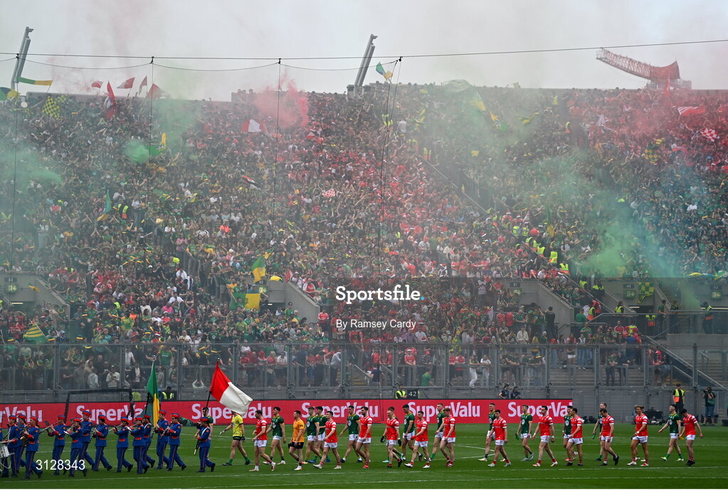 11 May 2025; A general view of the parade before the Leinster GAA Football Senior Championship final match between Louth and Meath at Croke Park in Dublin. Photo by Ramsey Cardy/Sportsfile