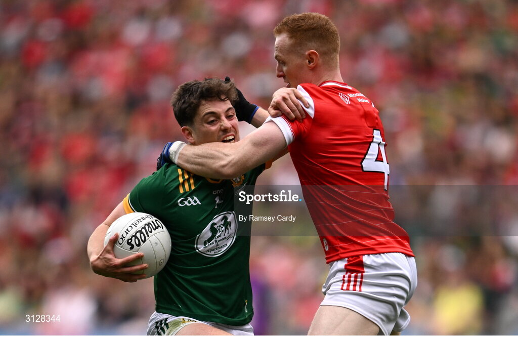 11 May 2025; James Conlon of Meath in action against Donal McKenny of Louth during the Leinster GAA Football Senior Championship final match between Louth and Meath at Croke Park in Dublin. Photo by Ramsey Cardy/Sportsfile