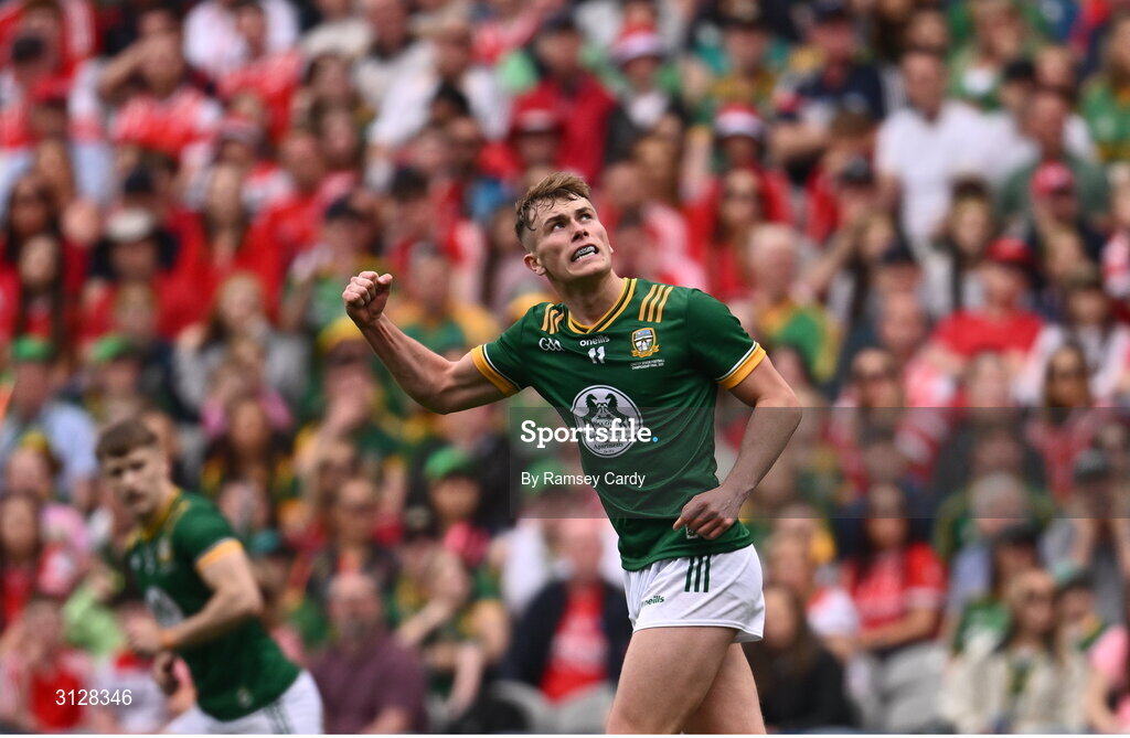11 May 2025; Ruairí Kinsella of Meath celebrates kicking a point during the Leinster GAA Football Senior Championship final match between Louth and Meath at Croke Park in Dublin. Photo by Ramsey Cardy/Sportsfile