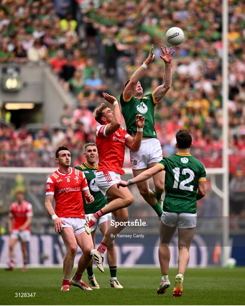 11 May 2025; Jack Flynn of Meath in action against Conor Grimes of Louth during the Leinster GAA Football Senior Championship final match between Louth and Meath at Croke Park in Dublin. Photo by Ramsey Cardy/Sportsfile