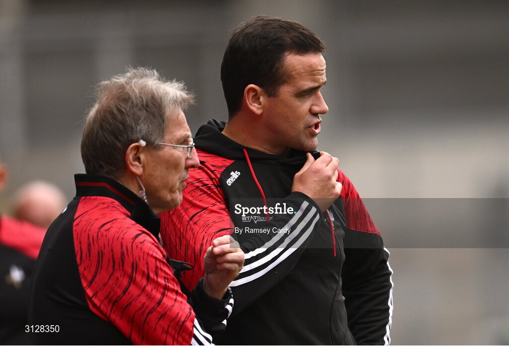 11 May 2025; Louth manager Ger Brennan, right, and selector Dr Niall Moyna during the Leinster GAA Football Senior Championship final match between Louth and Meath at Croke Park in Dublin. Photo by Ramsey Cardy/Sportsfile