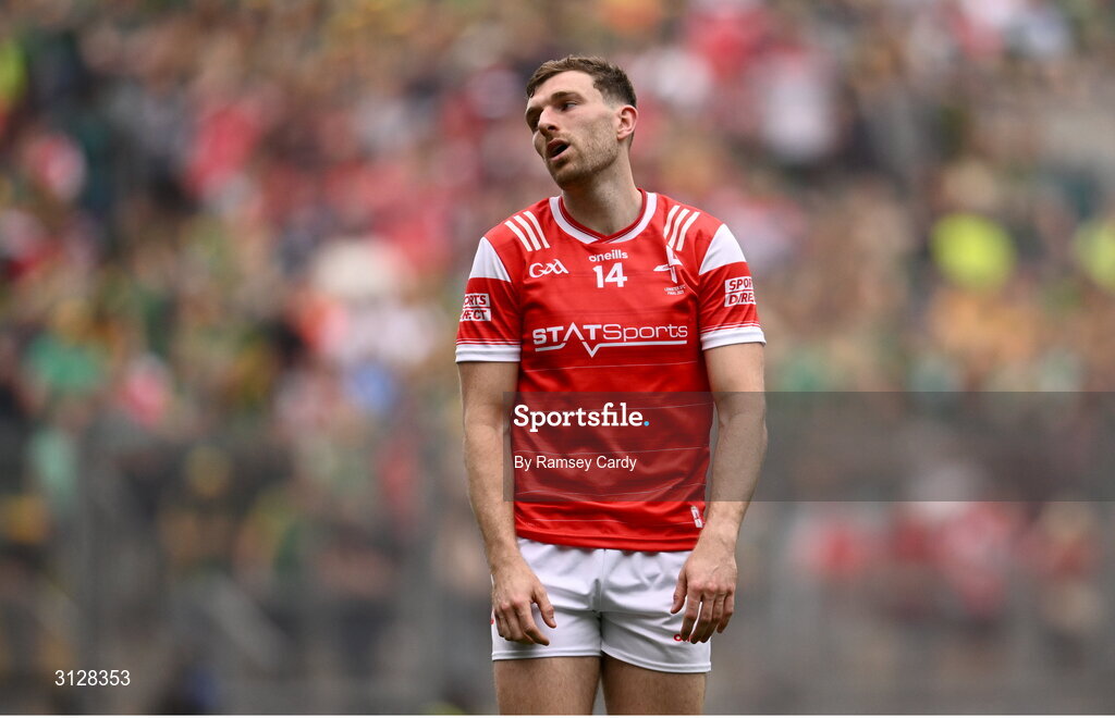 11 May 2025; Sam Mulroy of Louth reacts after kicking a wide during the Leinster GAA Football Senior Championship final match between Louth and Meath at Croke Park in Dublin. Photo by Ramsey Cardy/Sportsfile