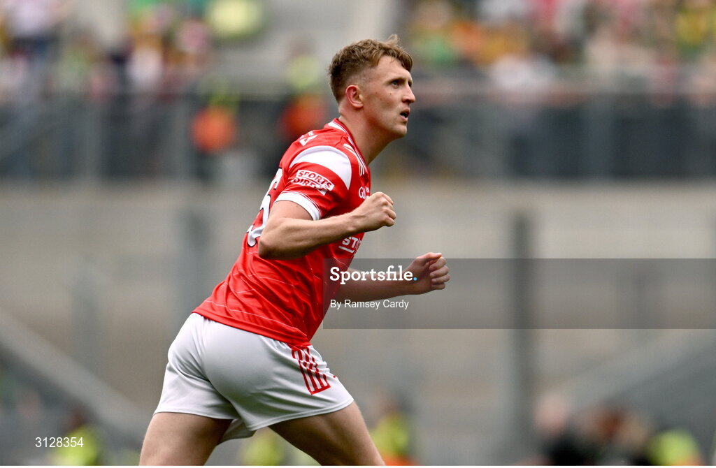 11 May 2025; Ryan Burns of Louth after kicking a point during the Leinster GAA Football Senior Championship final match between Louth and Meath at Croke Park in Dublin. Photo by Ramsey Cardy/Sportsfile