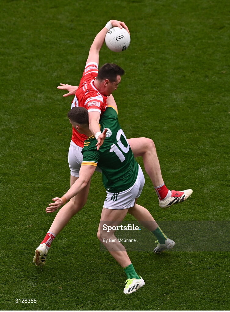 11 May 2025; Tommy Durnin of Louth is held by Conor Duke of Meath during the Leinster GAA Football Senior Championship final match between Louth and Meath at Croke Park in Dublin. Photo by Ben McShane/Sportsfile