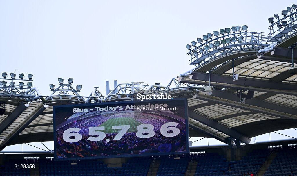 11 May 2025; The official attendance displayed on the big screen at half-time during the Leinster GAA Football Senior Championship final match between Louth and Meath at Croke Park in Dublin. Photo by Piaras Ó Mídheach/Sportsfile
