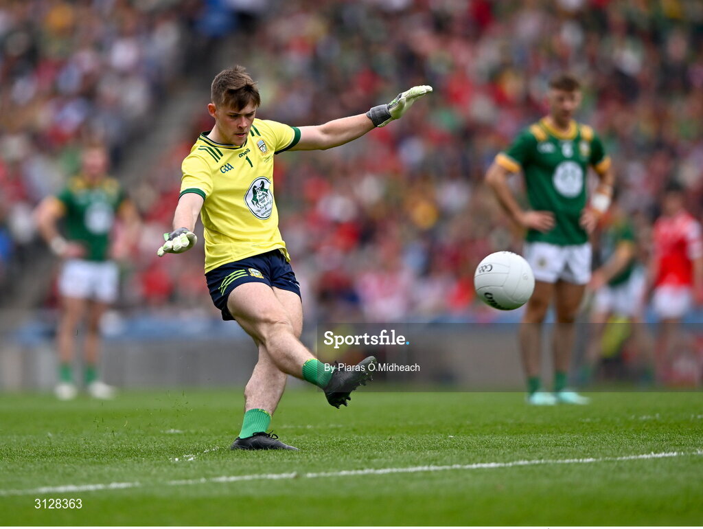 11 May 2025; Meath goalkeeper Billy Hogan scores a two-pointer from a free during the Leinster GAA Football Senior Championship final match between Louth and Meath at Croke Park in Dublin. Photo by Piaras Ó Mídheach/Sportsfile