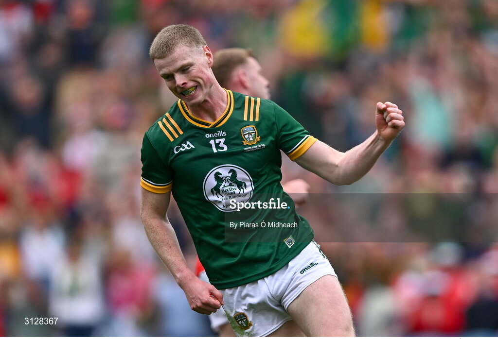 11 May 2025; Mathew Costello of Meath celebrates scoring his side's first goal during the Leinster GAA Football Senior Championship final match between Louth and Meath at Croke Park in Dublin. Photo by Piaras Ó Mídheach/Sportsfile