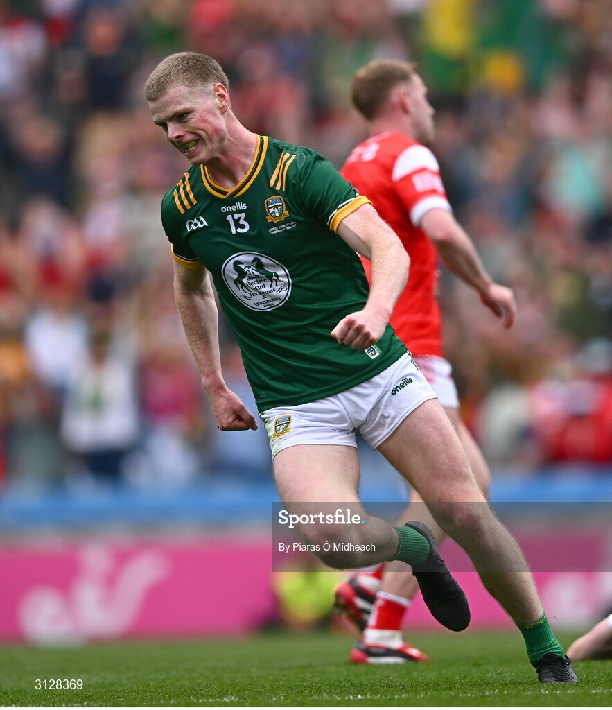 11 May 2025; Mathew Costello of Meath celebrates scoring his side's first goal during the Leinster GAA Football Senior Championship final match between Louth and Meath at Croke Park in Dublin. Photo by Piaras Ó Mídheach/Sportsfile