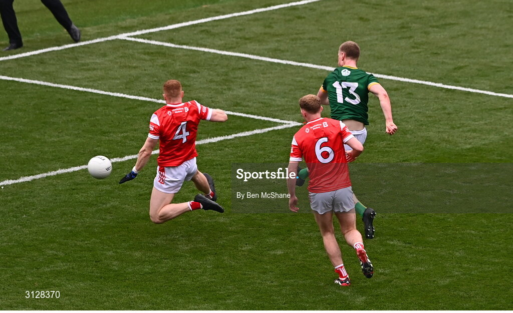 11 May 2025; Mathew Costello of Meath scores his side's first goal during the Leinster GAA Football Senior Championship final match between Louth and Meath at Croke Park in Dublin. Photo by Ben McShane/Sportsfile
