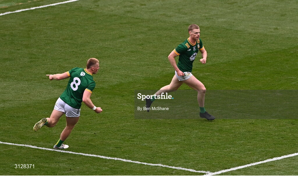 11 May 2025; Mathew Costello of Meath after scoring their side's first goal during the Leinster GAA Football Senior Championship final match between Louth and Meath at Croke Park in Dublin. Photo by Ben McShane/Sportsfile