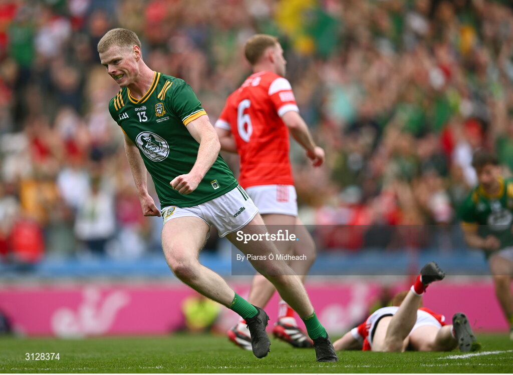 11 May 2025; Mathew Costello of Meath celebrates scoring his side's first goal during the Leinster GAA Football Senior Championship final match between Louth and Meath at Croke Park in Dublin. Photo by Piaras Ó Mídheach/Sportsfile