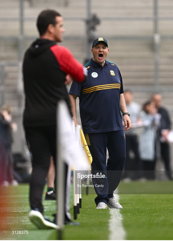 11 May 2025; Meath manager Robbie Brennnan, left, and Louth manager Ger Brennan during the Leinster GAA Football Senior Championship final match between Louth and Meath at Croke Park in Dublin. Photo by Ramsey Cardy/Sportsfile