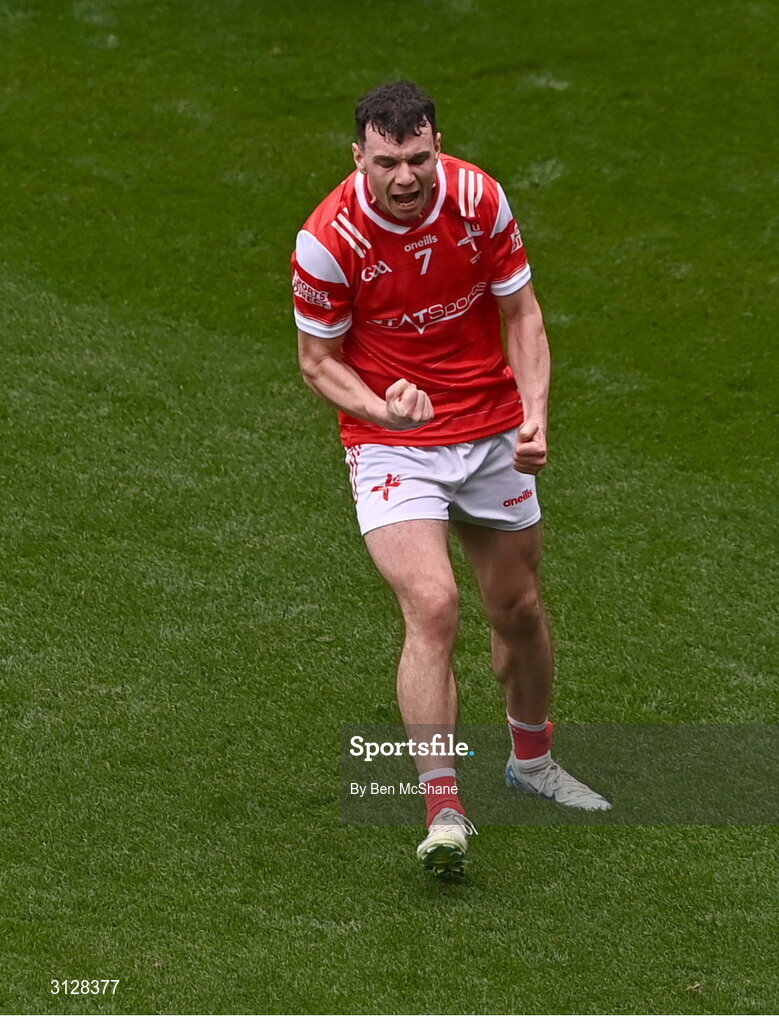 11 May 2025; Craig Lennon of Louth celebrates after scoring a late point during the Leinster GAA Football Senior Championship final match between Louth and Meath at Croke Park in Dublin. Photo by Ben McShane/Sportsfile