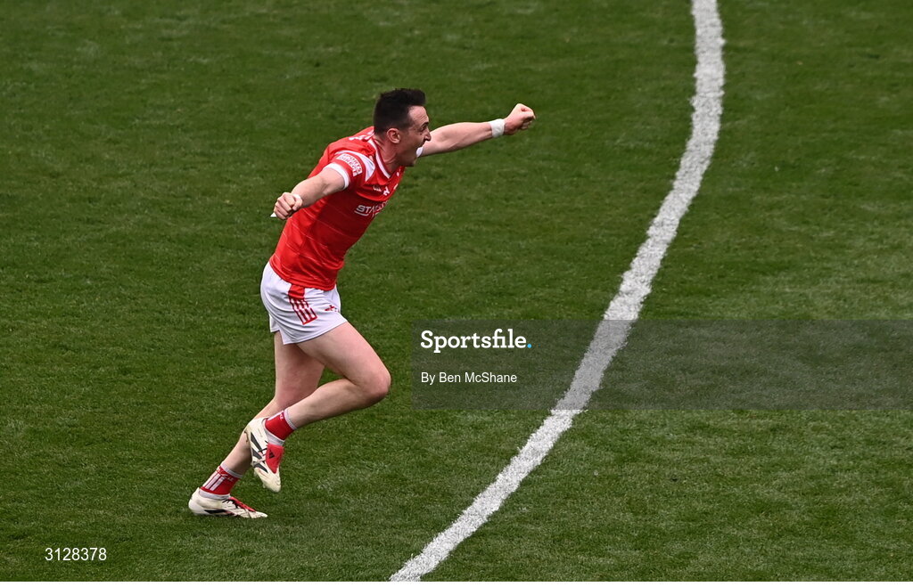 11 May 2025; Tommy Durnin of Louth celebrates at the final whistle of the Leinster GAA Football Senior Championship final match between Louth and Meath at Croke Park in Dublin. Photo by Ben McShane/Sportsfile