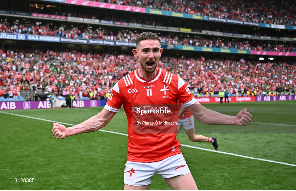 11 May 2025; Ciarán Downey of Louth celebrates after the Leinster GAA Football Senior Championship final match between Louth and Meath at Croke Park in Dublin. Photo by Piaras Ó Mídheach/Sportsfile