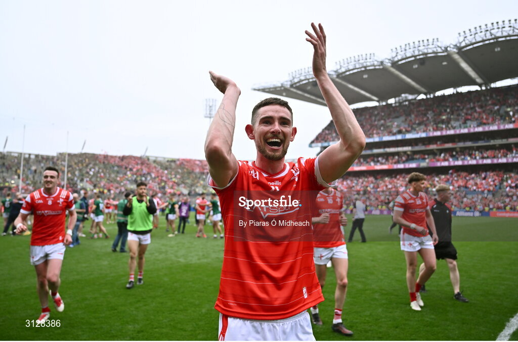 11 May 2025; Ciarán Downey of Louth celebrates after the Leinster GAA Football Senior Championship final match between Louth and Meath at Croke Park in Dublin. Photo by Piaras Ó Mídheach/Sportsfile