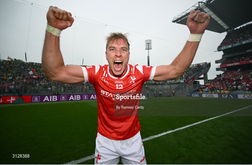 11 May 2025; Conor Grimes of Louth celebrates after the Leinster GAA Football Senior Championship final match between Louth and Meath at Croke Park in Dublin. Photo by Ramsey Cardy/Sportsfile