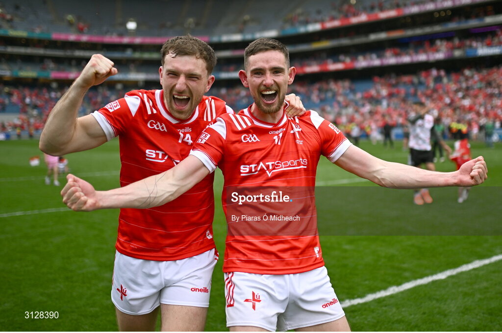 11 May 2025; Sam Mulroy, left, and Ciarán Downey of Louth celebrate after the Leinster GAA Football Senior Championship final match between Louth and Meath at Croke Park in Dublin. Photo by Piaras Ó Mídheach/Sportsfile