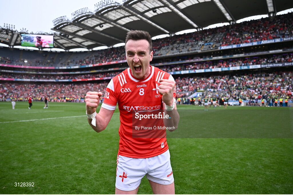 11 May 2025; Tommy Durnin of Louth celebrates after the Leinster GAA Football Senior Championship final match between Louth and Meath at Croke Park in Dublin. Photo by Piaras Ó Mídheach/Sportsfile