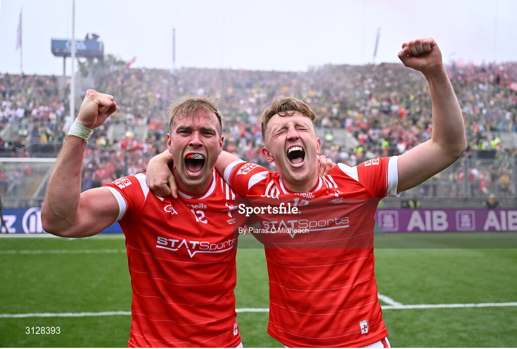 11 May 2025; Conor Grimes, left, and Ryan Burns of Louth celebrate after the Leinster GAA Football Senior Championship final match between Louth and Meath at Croke Park in Dublin. Photo by Piaras Ó Mídheach/Sportsfile