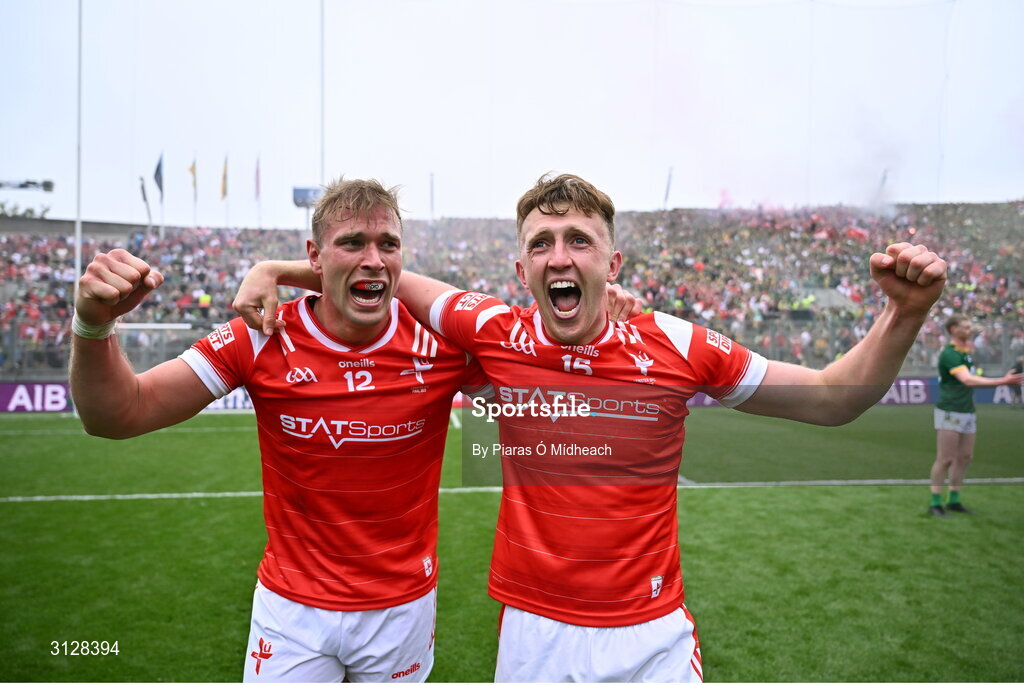 11 May 2025; Conor Grimes, left, and Ryan Burns of Louth celebrate after the Leinster GAA Football Senior Championship final match between Louth and Meath at Croke Park in Dublin. Photo by Piaras Ó Mídheach/Sportsfile