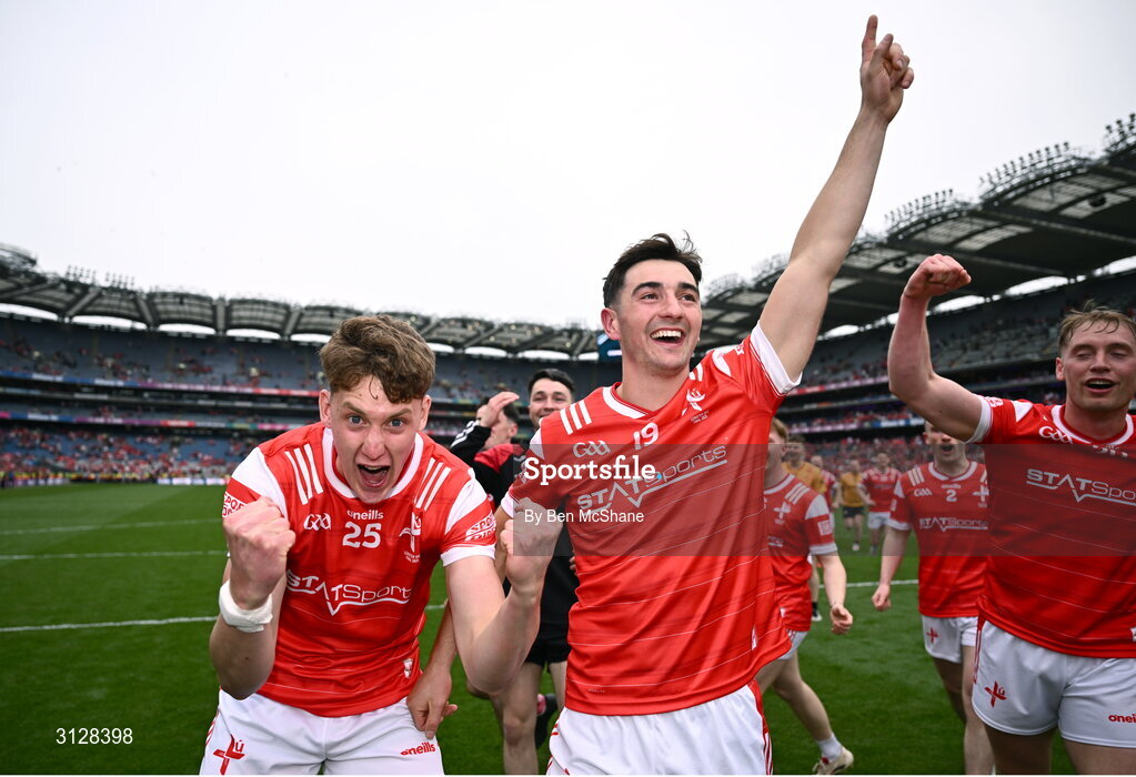 11 May 2025; Dylan McKeown, left, and Emmet Carolan of Louth celebrate after the Leinster GAA Football Senior Championship final match between Louth and Meath at Croke Park in Dublin. Photo by Ben McShane/Sportsfile