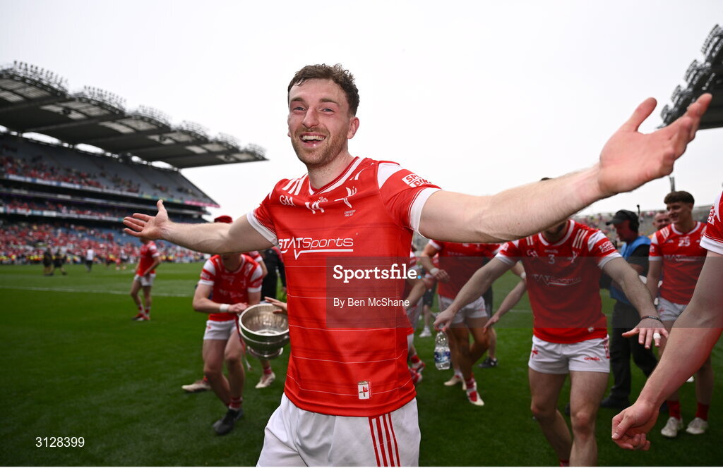 11 May 2025; Sam Mulroy of Louth celebrates after the Leinster GAA Football Senior Championship final match between Louth and Meath at Croke Park in Dublin. Photo by Ben McShane/Sportsfile