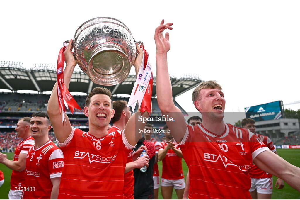 11 May 2025; Anthony Williams, left, and Paul Matthews of Louth celebrate with the Delaney Cup after the Leinster GAA Football Senior Championship final match between Louth and Meath at Croke Park in Dublin. Photo by Ben McShane/Sportsfile