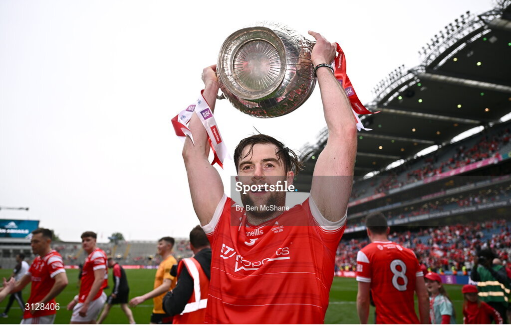 11 May 2025; Dermot Campbell of Louth celebrates with the Delaney Cup after the Leinster GAA Football Senior Championship final match between Louth and Meath at Croke Park in Dublin. Photo by Ben McShane/Sportsfile