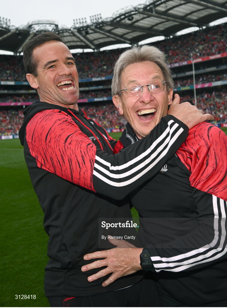 11 May 2025; Louth manager Ger Brennan, left, and selector Niall Moyna celebrate at the final whistle of the Leinster GAA Football Senior Championship final match between Louth and Meath at Croke Park in Dublin. Photo by Ramsey Cardy/Sportsfile