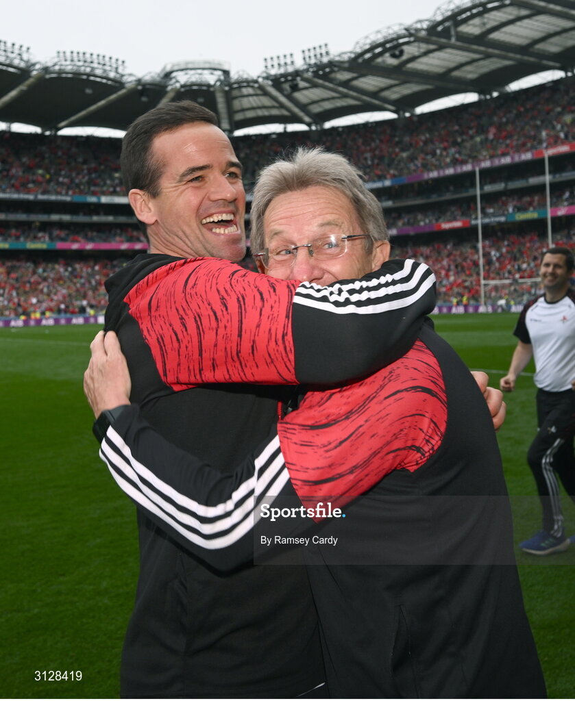 11 May 2025; Louth manager Ger Brennan, left, and selector Niall Moyna celebrate at the final whistle of the Leinster GAA Football Senior Championship final match between Louth and Meath at Croke Park in Dublin. Photo by Ramsey Cardy/Sportsfile