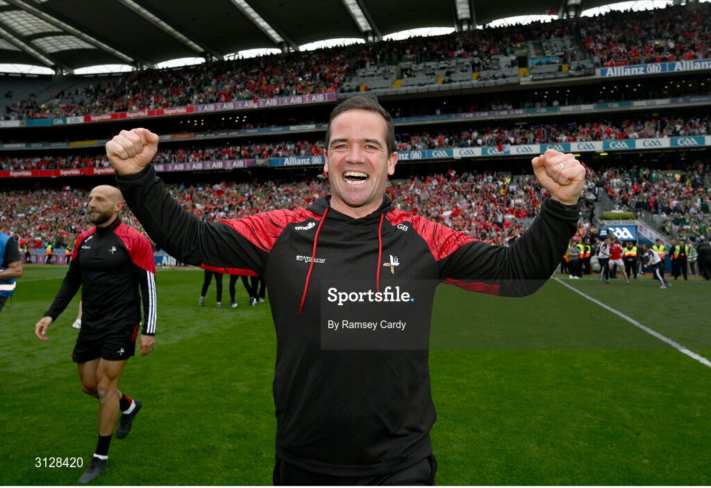 11 May 2025; Louth manager Ger Brennan celebrates after the Leinster GAA Football Senior Championship final match between Louth and Meath at Croke Park in Dublin. Photo by Ramsey Cardy/Sportsfile
