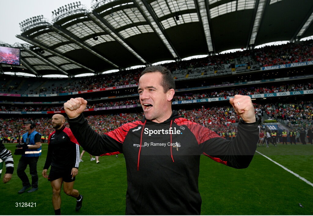 11 May 2025; Louth manager Ger Brennan celebrates after the Leinster GAA Football Senior Championship final match between Louth and Meath at Croke Park in Dublin. Photo by Ramsey Cardy/Sportsfile