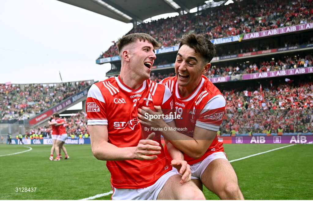 11 May 2025; Louth players Dara McDonnell, 21, and Emmet Carolan celebrate after their side's victory in the Leinster GAA Football Senior Championship final match between Louth and Meath at Croke Park in Dublin. Photo by Piaras Ó Mídheach/Sportsfile