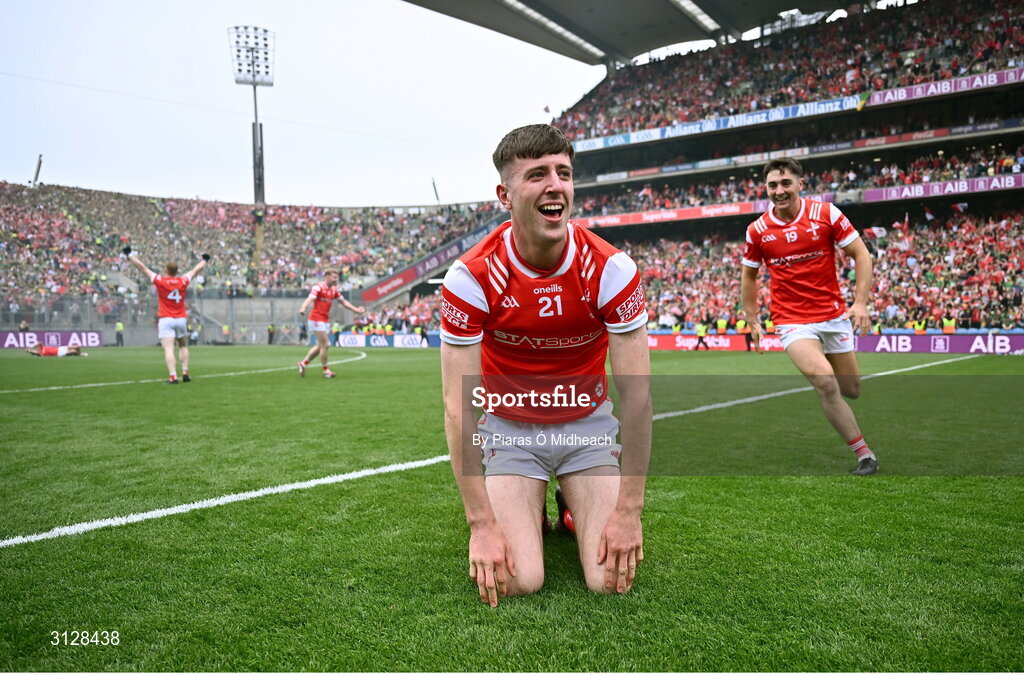11 May 2025; Louth players Dara McDonnell, 21, and Emmet Carolan celebrate after their side's victory in the Leinster GAA Football Senior Championship final match between Louth and Meath at Croke Park in Dublin. Photo by Piaras Ó Mídheach/Sportsfile