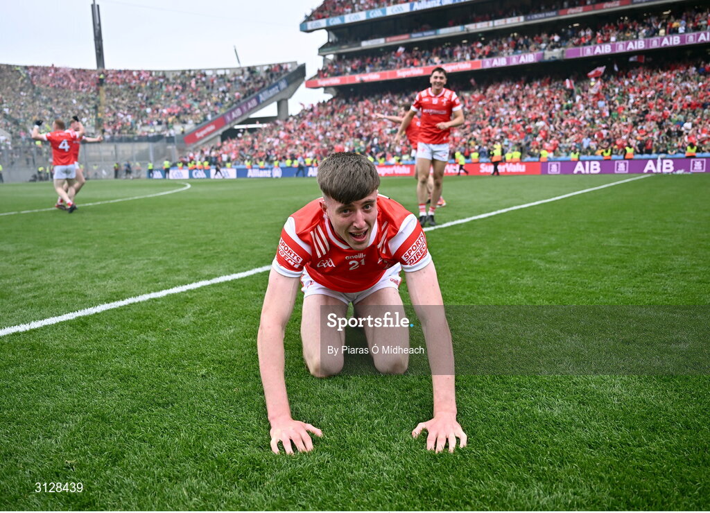 11 May 2025; Dara McDonnell of Louth celebrates after his side's victory in the Leinster GAA Football Senior Championship final match between Louth and Meath at Croke Park in Dublin. Photo by Piaras Ó Mídheach/Sportsfile