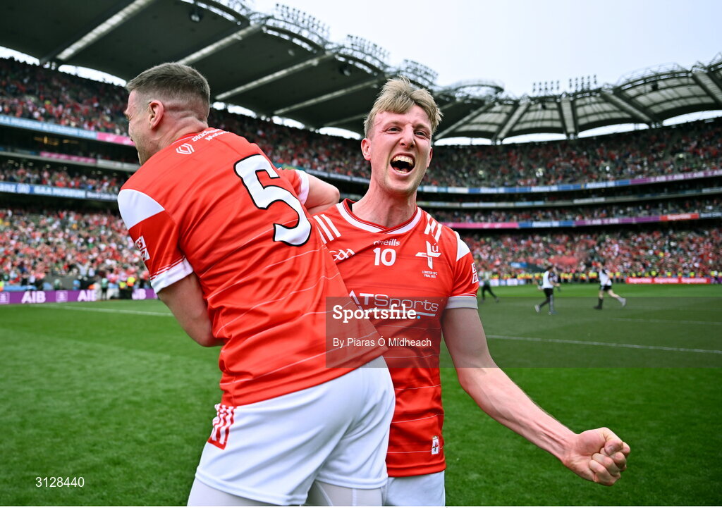 11 May 2025; Louth players Paul Matthews, right, and Conall McKeever celebrate after their side's victory in the Leinster GAA Football Senior Championship final match between Louth and Meath at Croke Park in Dublin. Photo by Piaras Ó Mídheach/Sportsfile