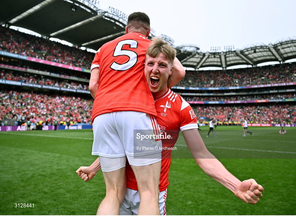 11 May 2025; Louth players Paul Matthews, right, and Conall McKeever celebrate after their side's victory in the Leinster GAA Football Senior Championship final match between Louth and Meath at Croke Park in Dublin. Photo by Piaras Ó Mídheach/Sportsfile