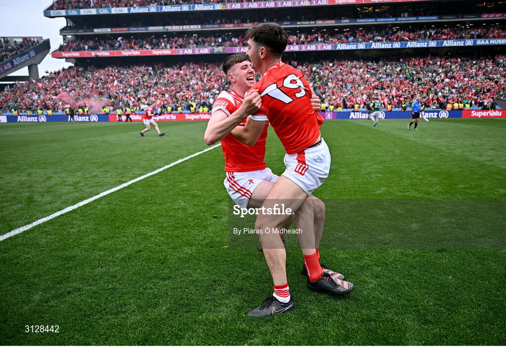 11 May 2025; Louth players Dara McDonnell, left, and Emmet Carolan celebrate after their side's victory in the Leinster GAA Football Senior Championship final match between Louth and Meath at Croke Park in Dublin. Photo by Piaras Ó Mídheach/Sportsfile