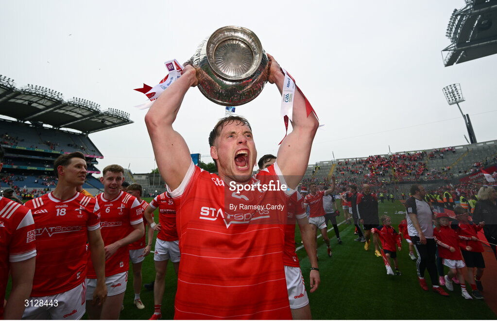 11 May 2025; Ciarán Byrne of Louth with the Delaney Cup after the Leinster GAA Football Senior Championship final match between Louth and Meath at Croke Park in Dublin. Photo by Ramsey Cardy/Sportsfile