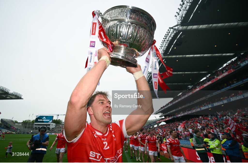 11 May 2025; Conor Grimes of Louth with the Delaney Cup after the Leinster GAA Football Senior Championship final match between Louth and Meath at Croke Park in Dublin. Photo by Ramsey Cardy/Sportsfile