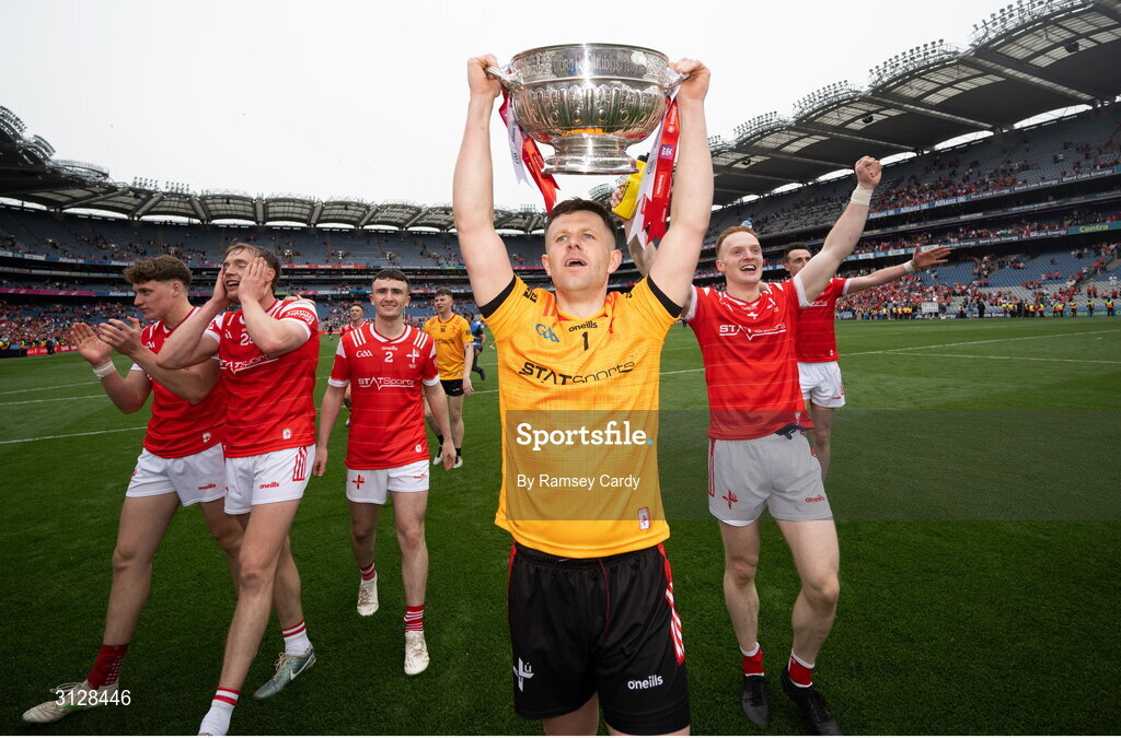 11 May 2025; Louth goalkeeper Niall McDonnell celebrates with the Delaney Cup after the Leinster GAA Football Senior Championship final match between Louth and Meath at Croke Park in Dublin. Photo by Ramsey Cardy/Sportsfile